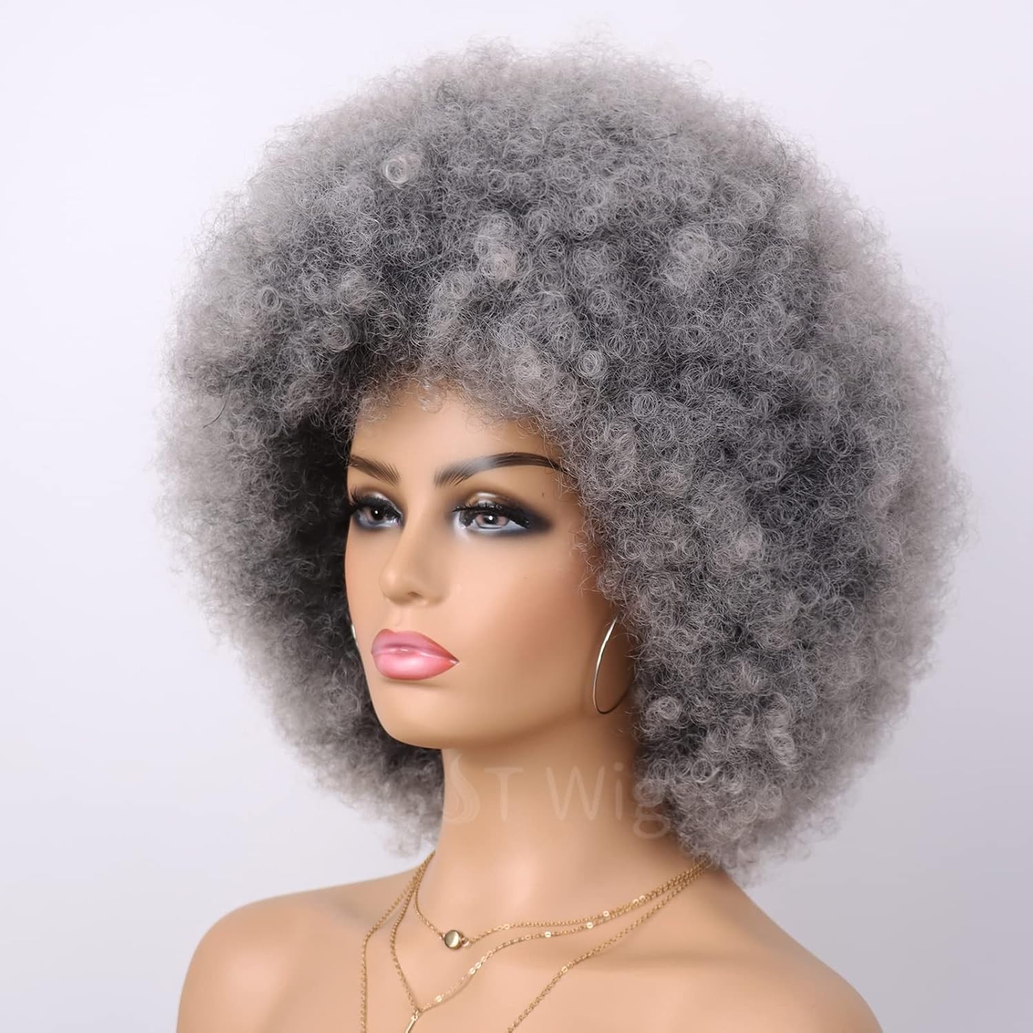 70s Dark Grey Afro Curly Wigs for Unisex Men Women Glueless Wear and Go Wig L…