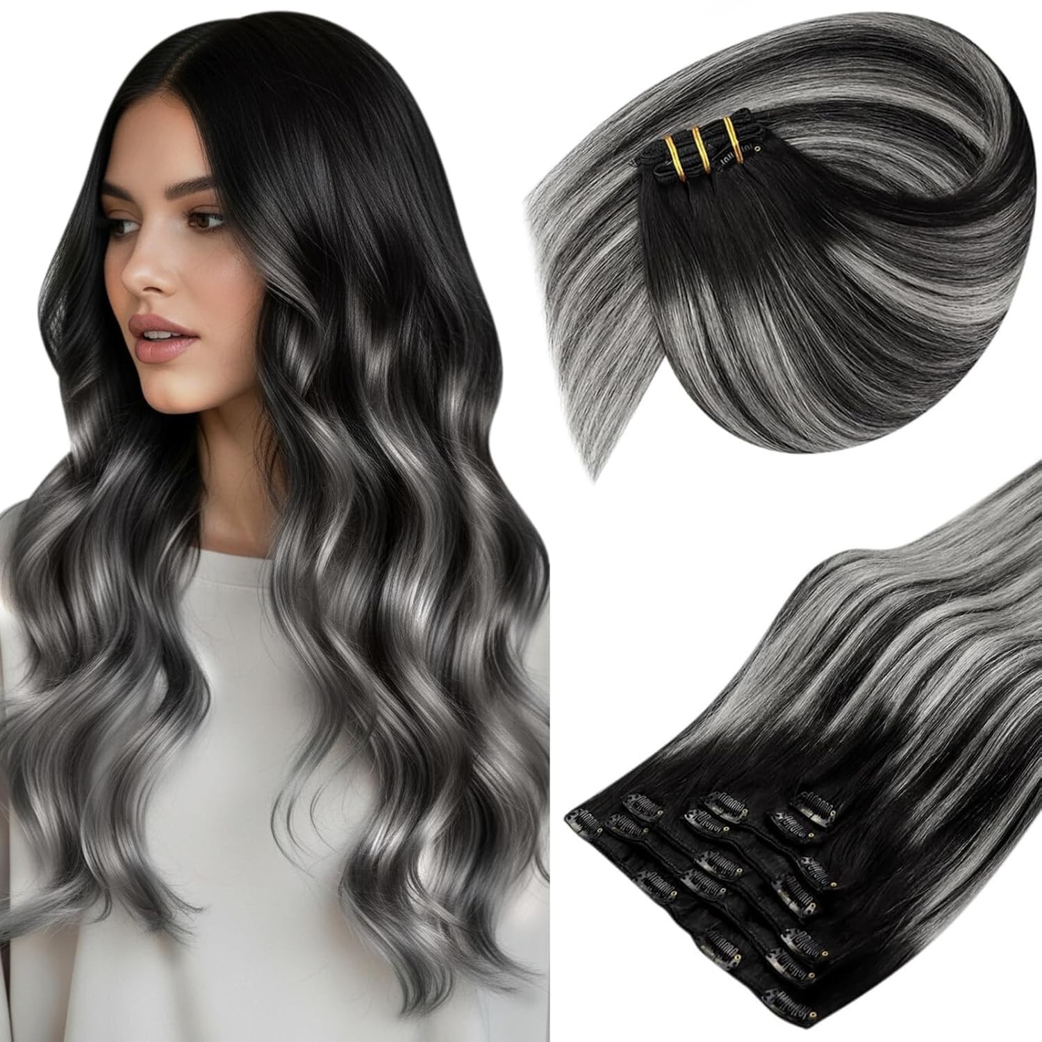 Sunny Hair CLIP-IN 12″ Ombre Silver-Black Roots Human Hair Extensions CP 1B-S-1B