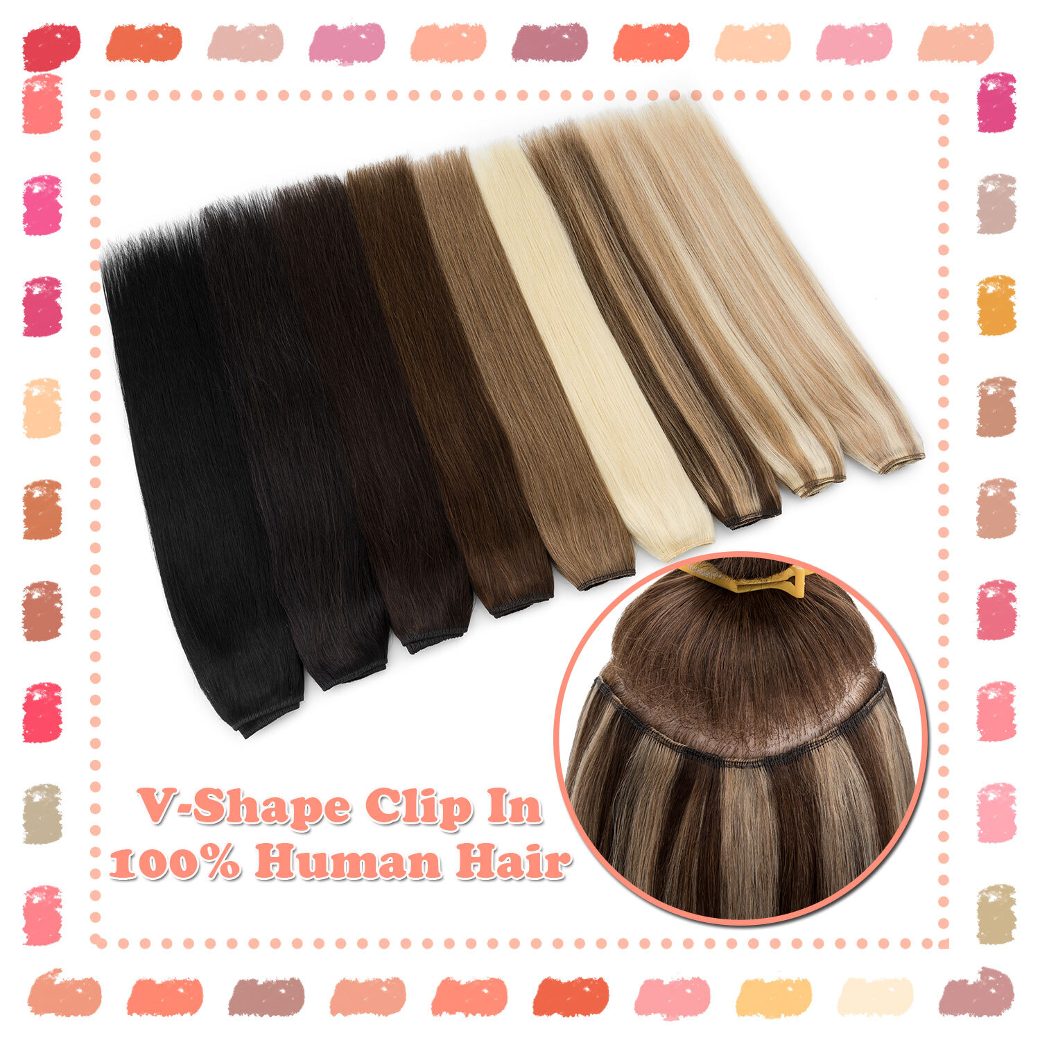 V-Shape Real Remy Human Hair Extensions One Piece Clip In 3/4Full Head Highlight