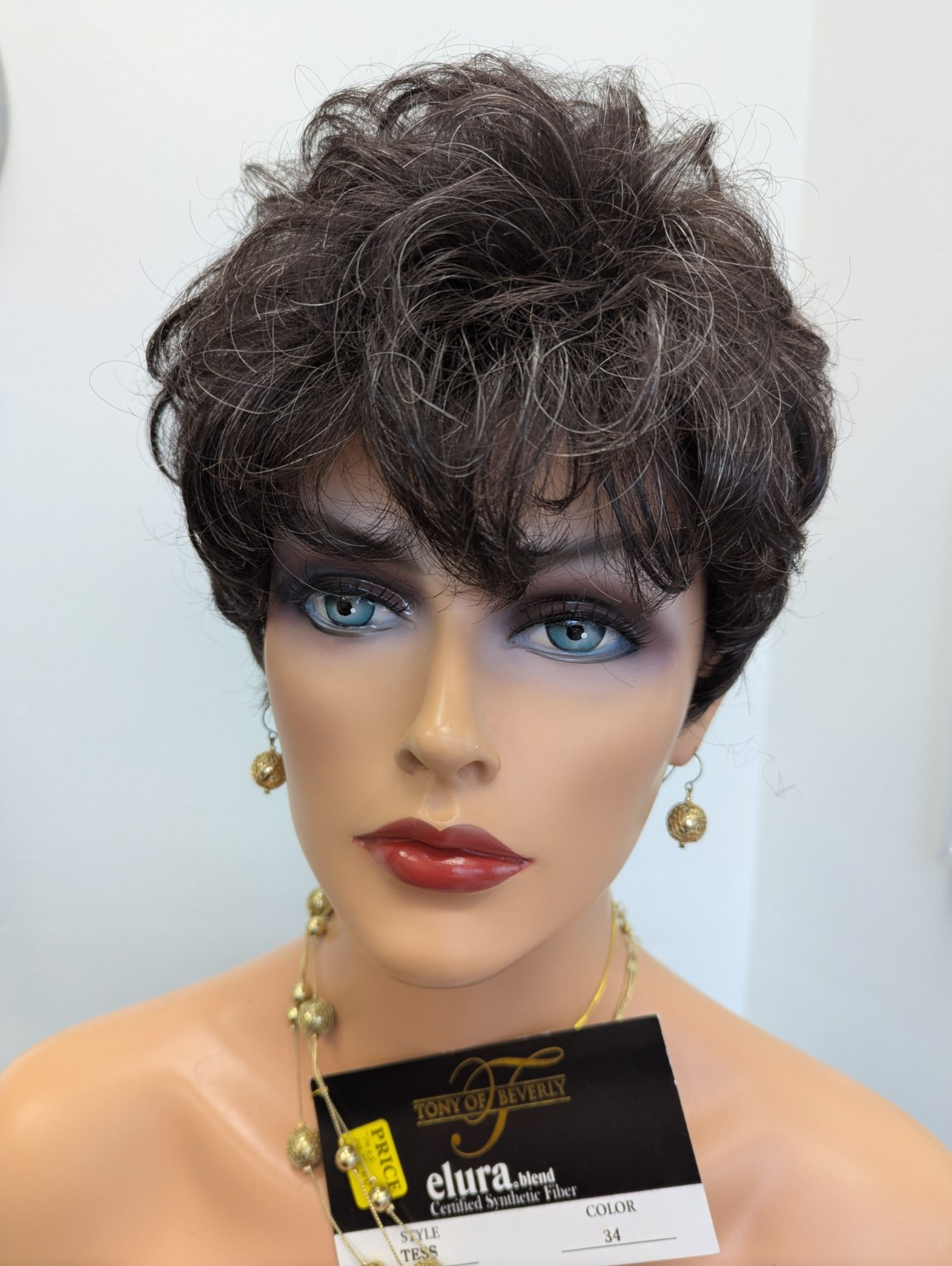 Short Pixie Curly Tony Of Beverly Tess Color 34 Dark Brown Mix 25% Gray Streaks