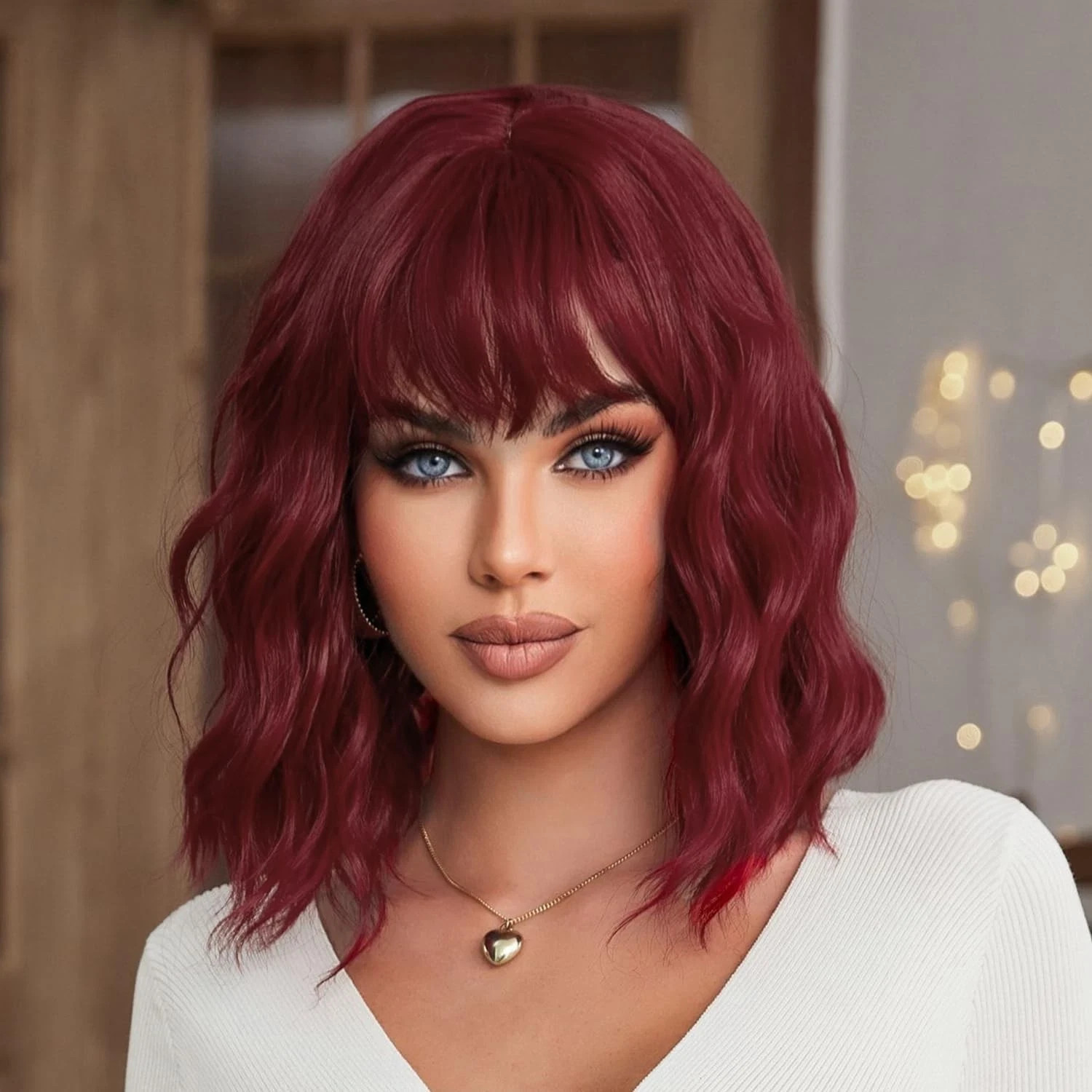 16in Wine Red Wig with Bangs Short Wavy Wigs for Women Wine Red Curly Shoulde