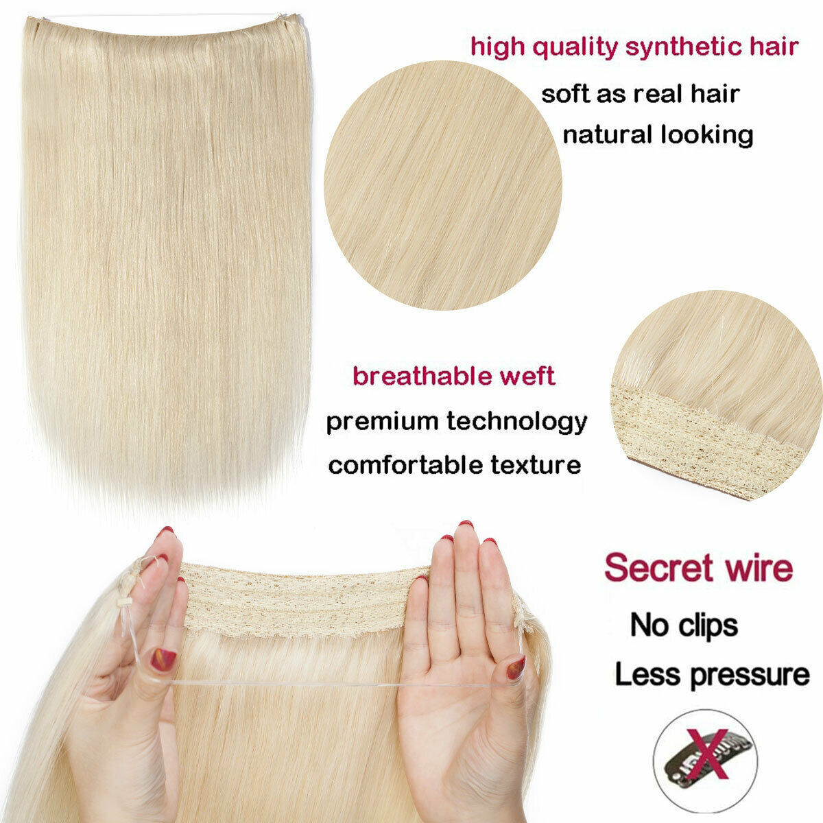 Russian AAAA+ Thick Wire In Remy Human Hair Extensions Hidden Headband One Piece