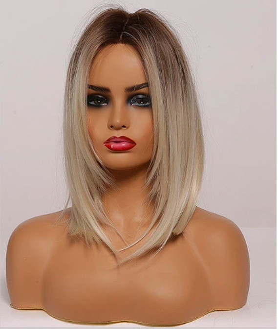 Natural Women Short Bold Straight Highlight Ombre Two tone Blonde Synthetic Wig