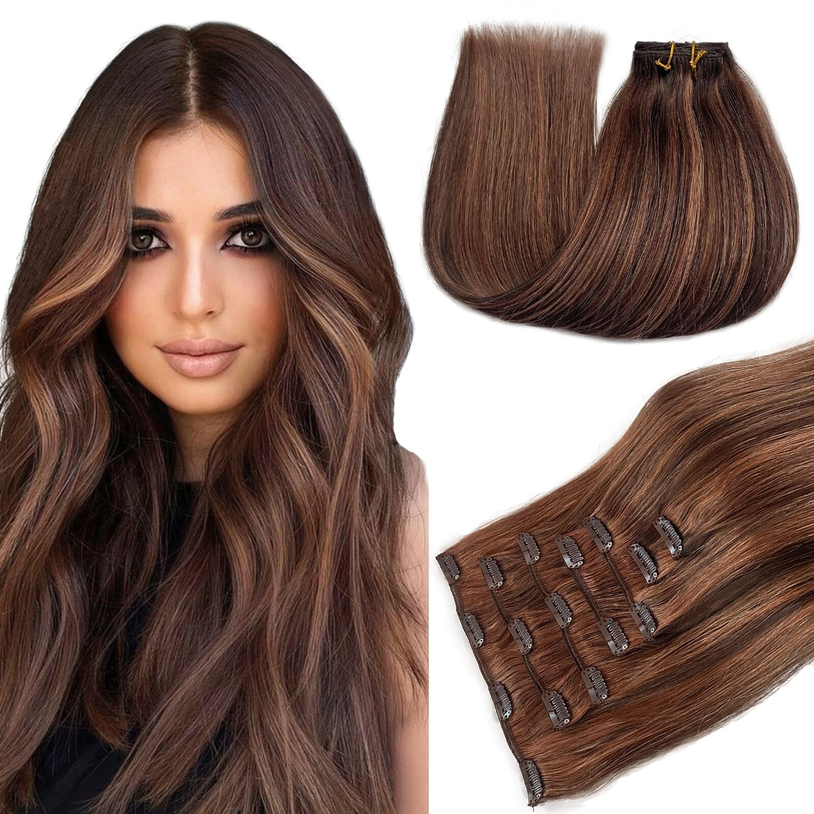 Clip in Hair Extensions 12 Inch 70g Dark Roasted Coffee&Caraamel Brown Hair Exte