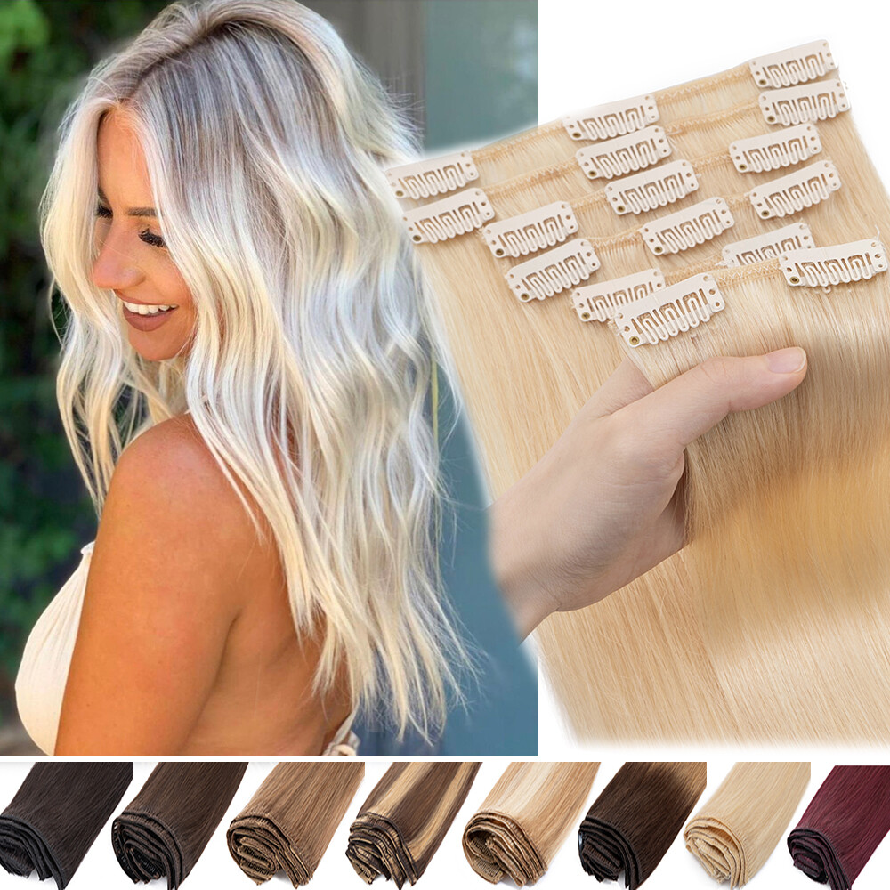 100% Soft Clip In Real Remy Human Hair Extensions Full Head 8Piece Balayage Long