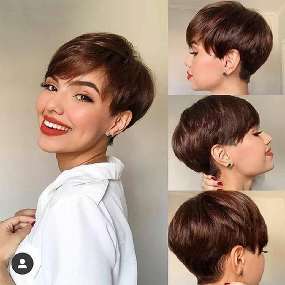 Women Short Pixie Cut Real Human Hair Wigs Dark Brown Straight Hair Short Wigs