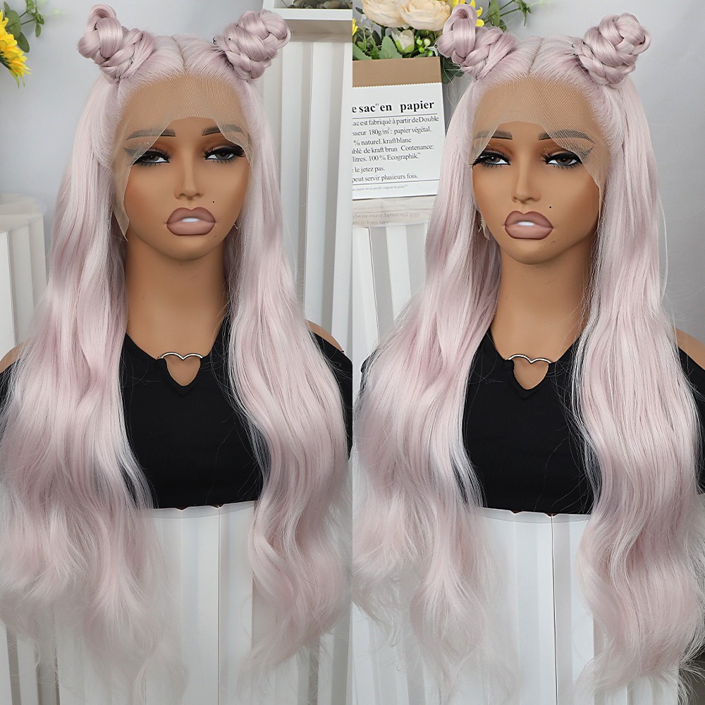 Synthetic Lace Front Wigs Heat Resistant Fiber Glueless Long Wavy Ice Pink Hair