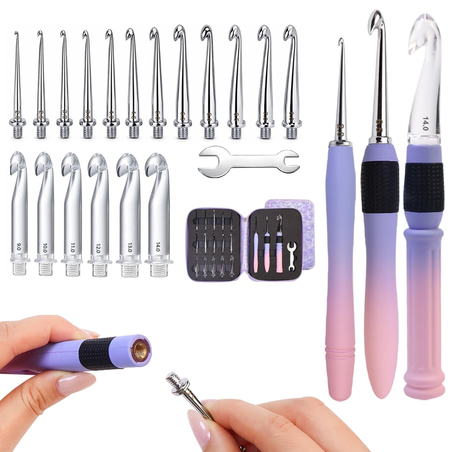 Lewhoo 18 Size Interchangeable Crochet Hooks 2.0-14.0mm, Blue-purple gradient