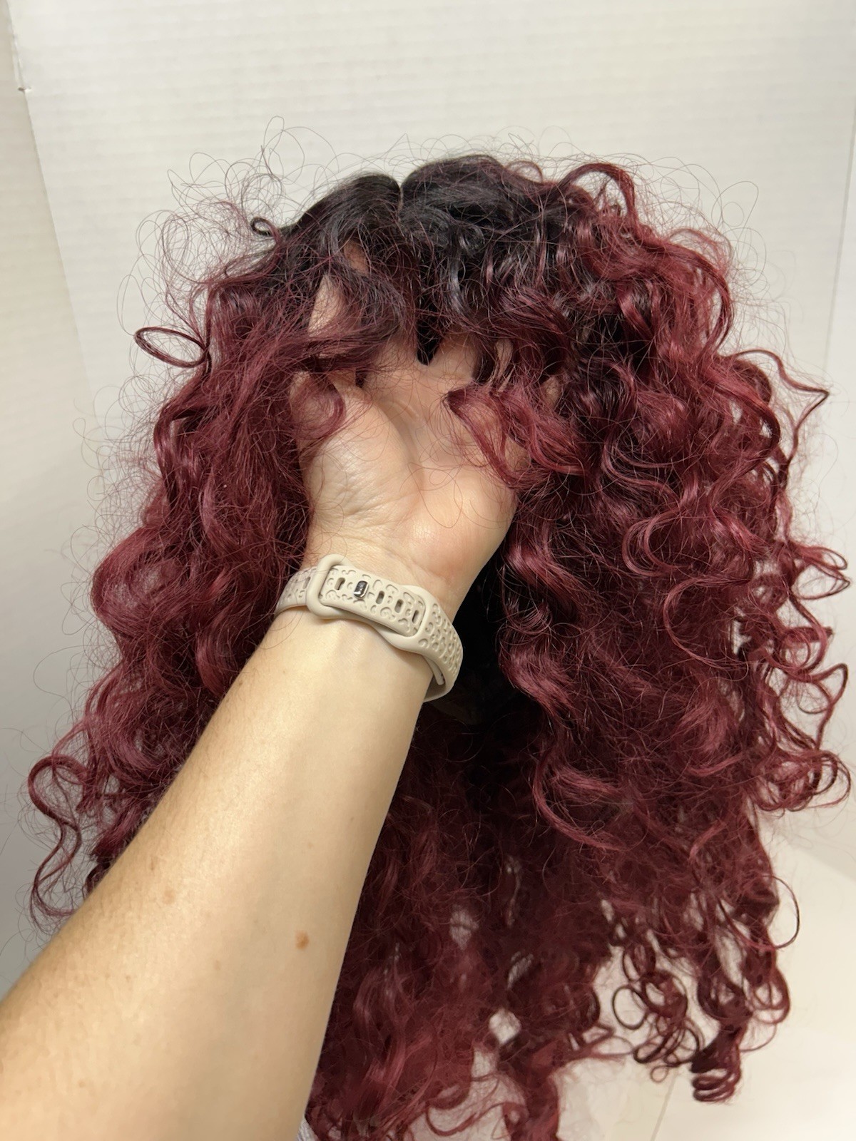 Aurry Bene KD1g Curly C-Part Wig Classic Cap Human Hair Blend Burgundy/Black