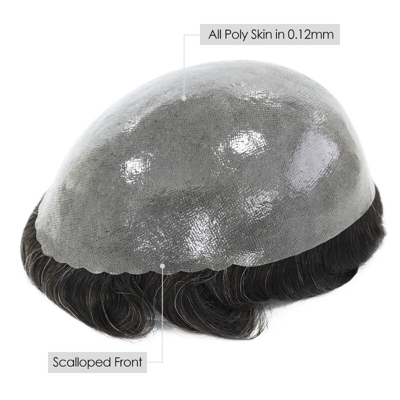 Mens Toupee Unit Human Hair Replacement System Poly Skin Curly 25mm Hair Pieces