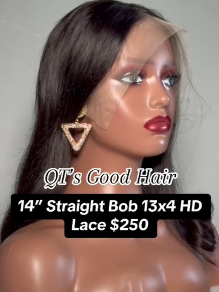 QT’s Good Hair 13X4 HD Transparent Lace 14”Bob Wig 180% Density With Travel Bag