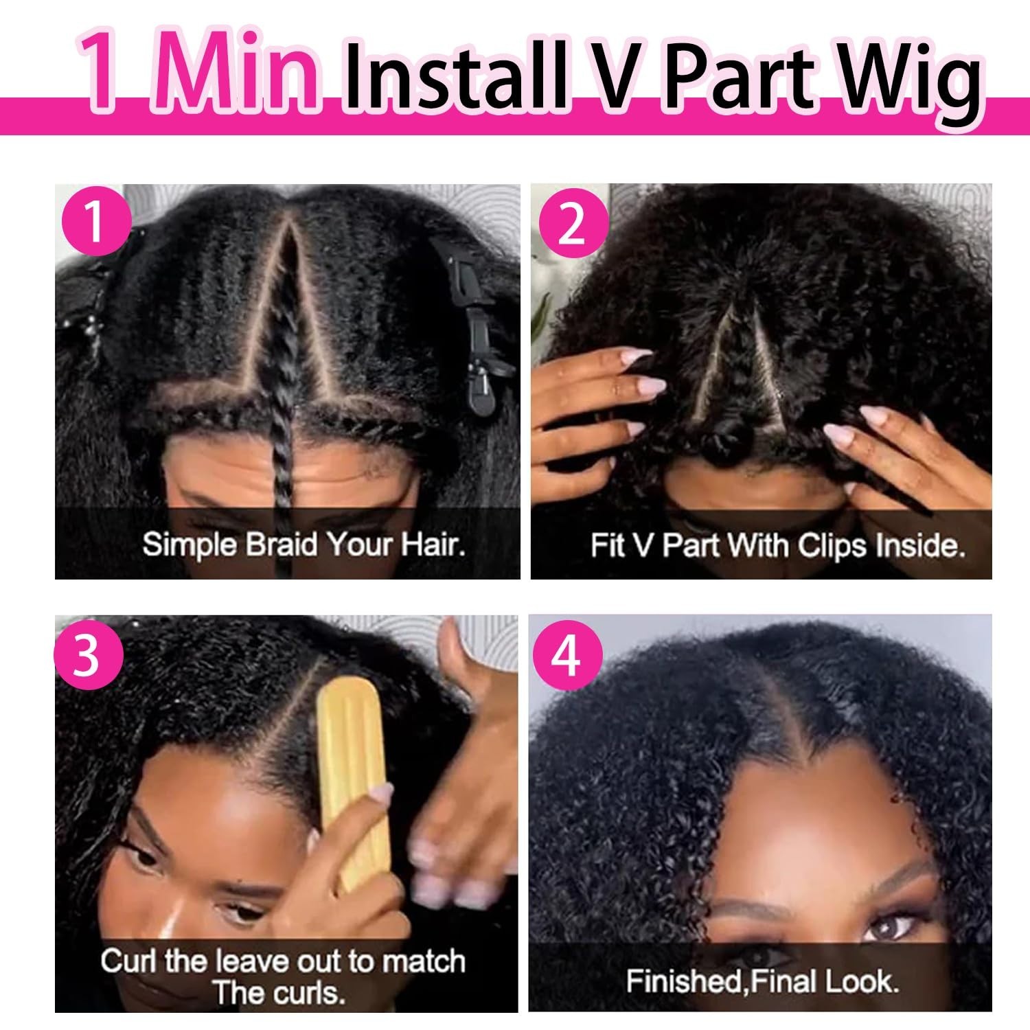 Kinky Curly V Part Human Hair Wig – 200% Density, Drawstring, Clip-In, 26″ Natur