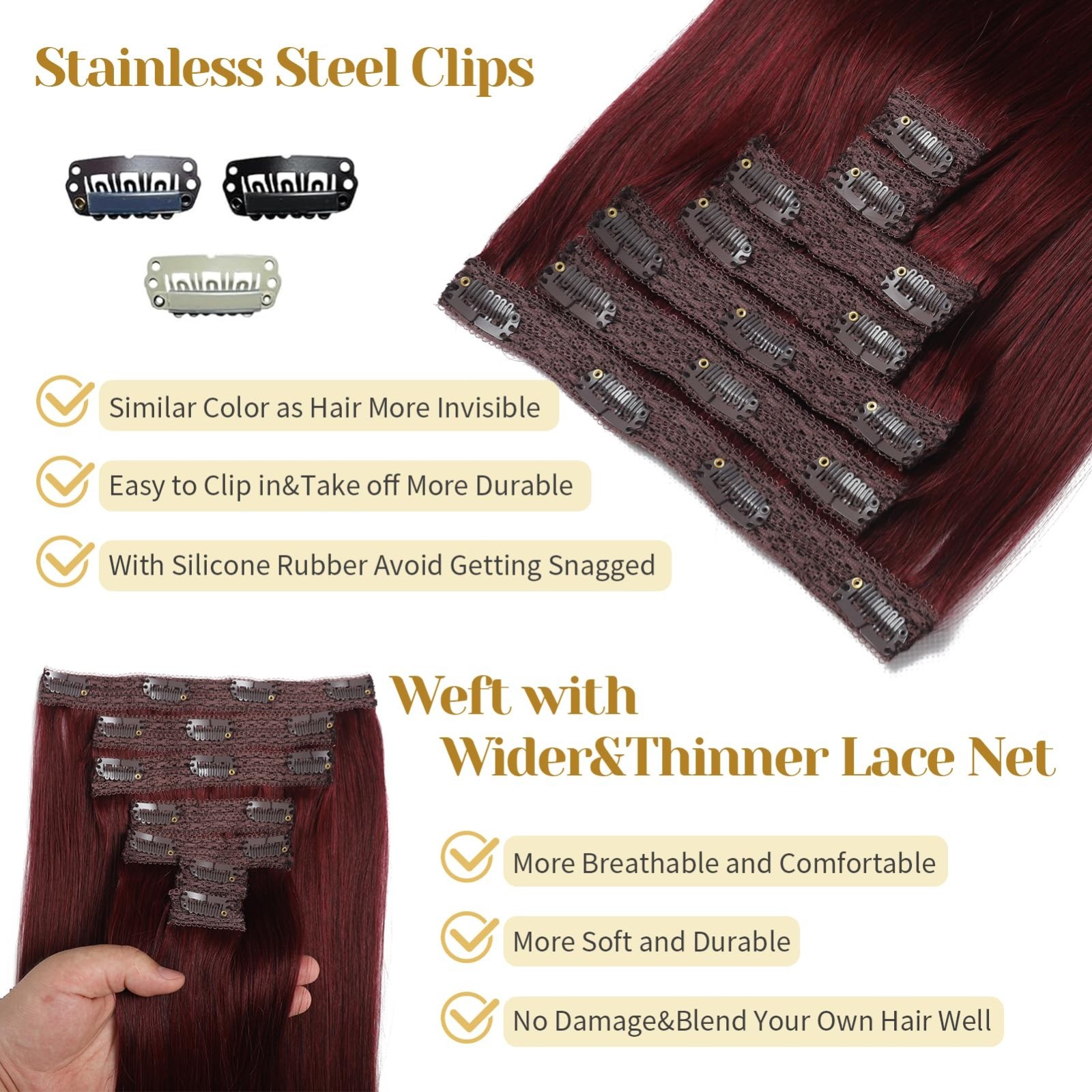 20″ Burgundy Red Clip-In Hair Extensions, 7pcs 70g, Real Human Hair, Soft & Stra
