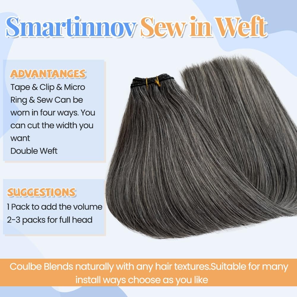 Smartinnov Salt And Pepper Gray Human Hair Sew In Hair Extensions For Women 22