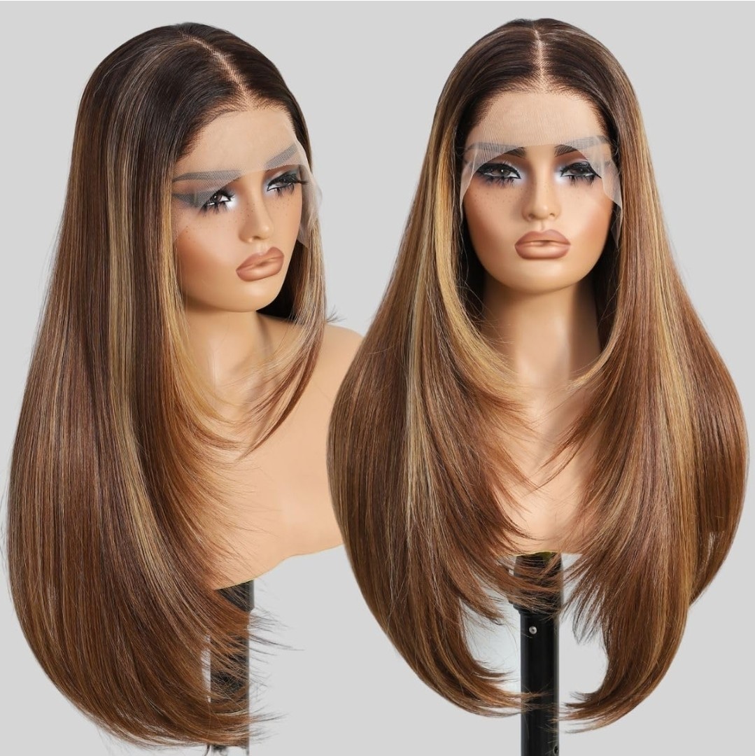 HD Lace Front Wig Human Hair Blend Highlights Straight Honey BROWN Blonde