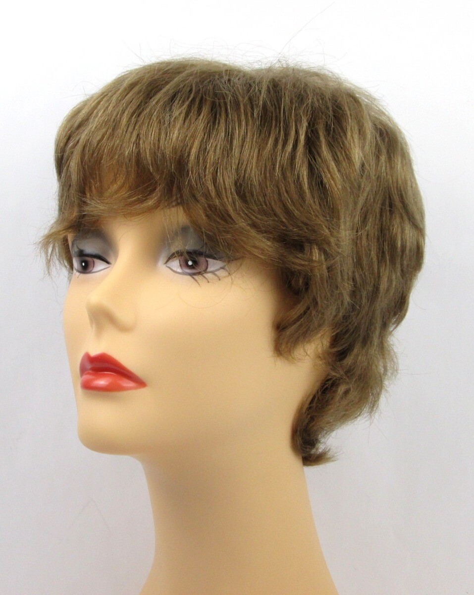 100% HUMAN HAIR WOMENS SHORT STRAIGHT SLIGHTLY WAVY WIG W/ WISPY BANGS SANDY