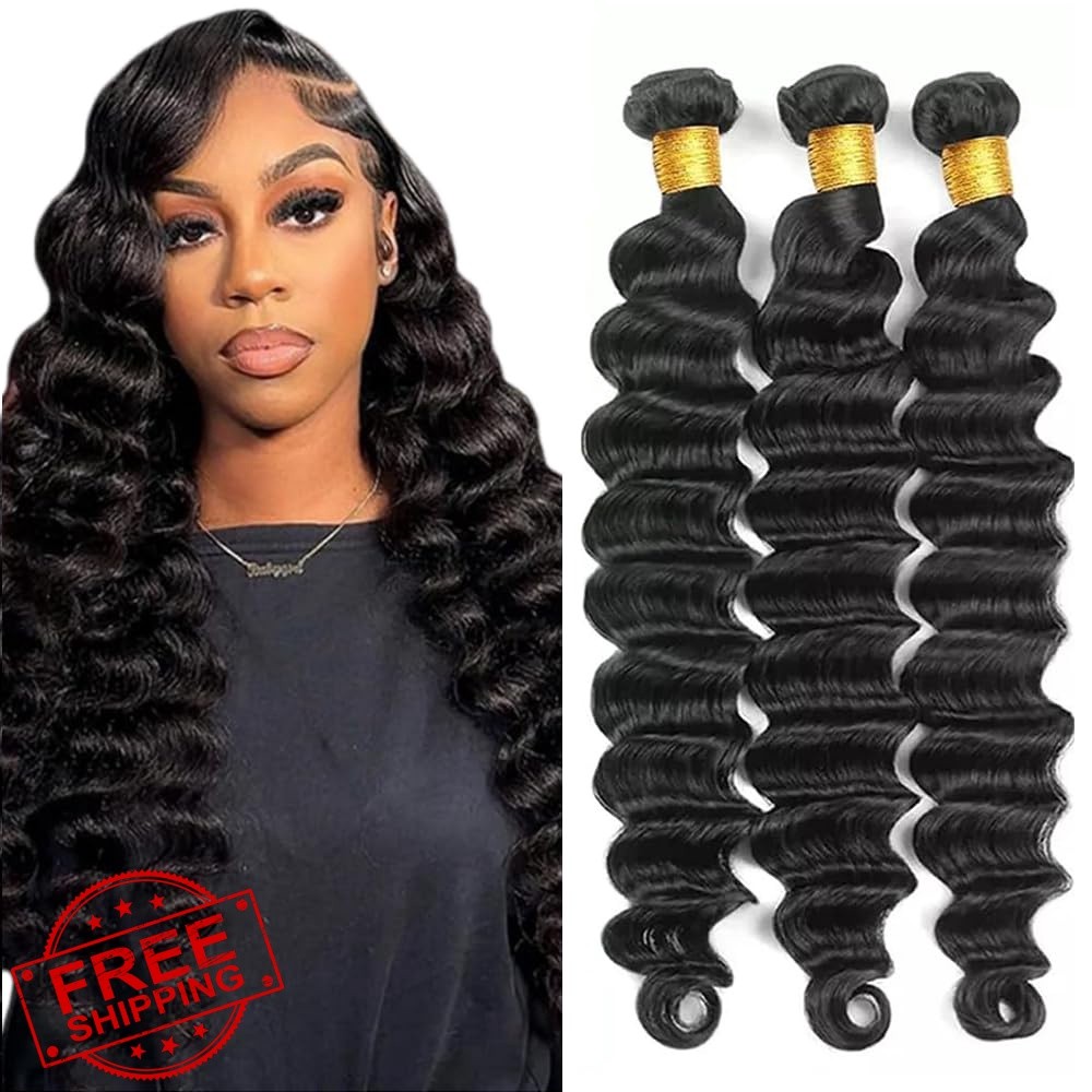 CnumGunm 28 30 32 Inch Loose Deep Wave Human Hair Bundles #1b Black LD