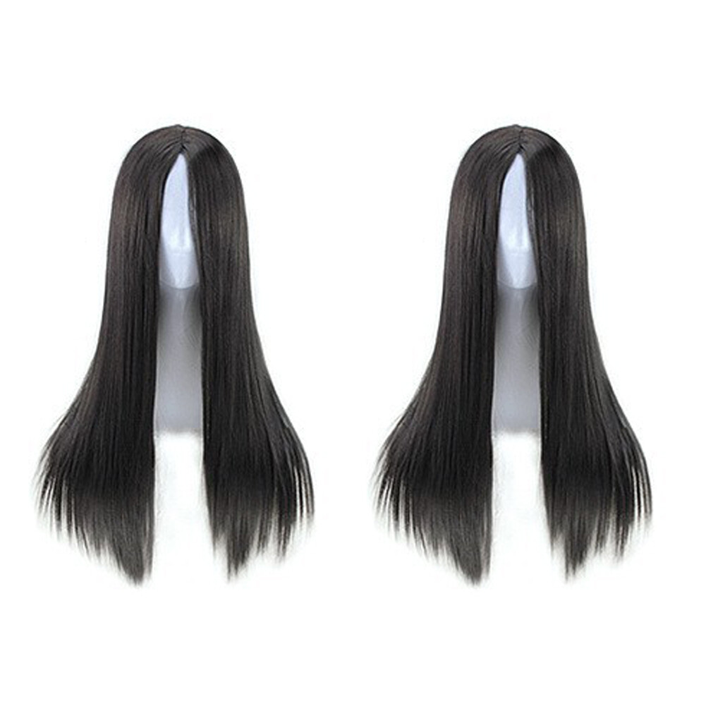 US 1-2 Pack Women Black Long Straight Heat Resistant Human Hair Wig Natural