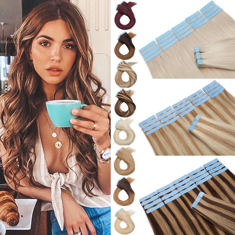 200g Thick Skin Weft Tape In 100% Human Hair Extensions Full Head 12″-24″ Long