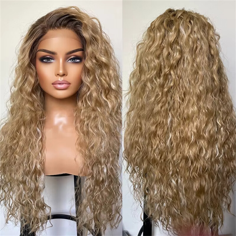 Loose Curly Lace Front Wigs Human Hair Honey Blonde with Ash Brown Rooted