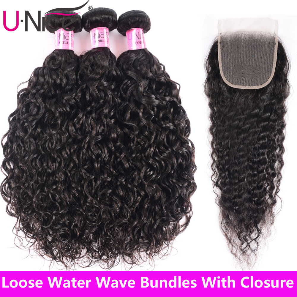 UNice Indian Water Wave Human Hair Extensions 3 Bundles With Lace Closure Weave