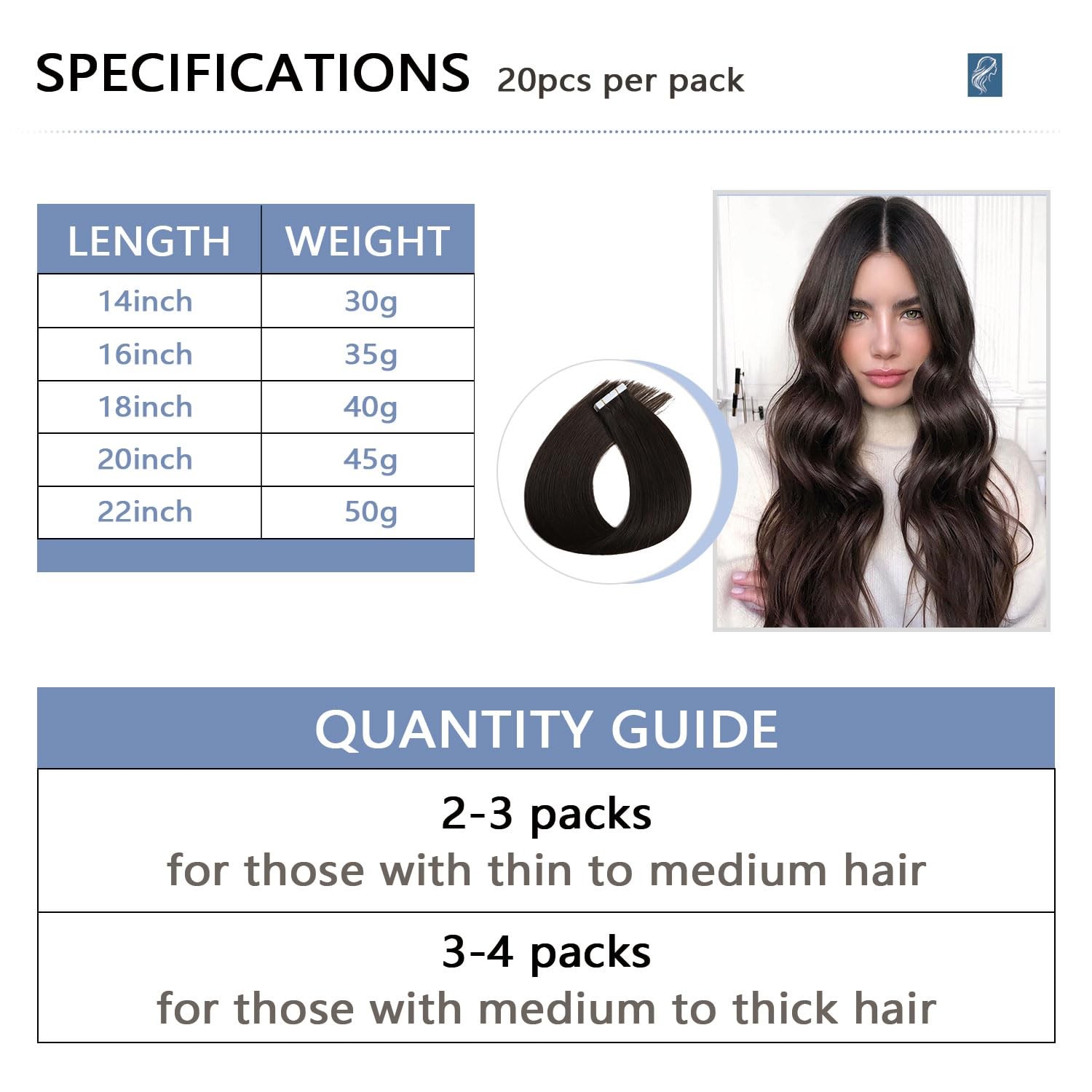 Cookayu Invisible Tape In Hair Extensions Darkest Brown 20Inch 45G 20Pcs