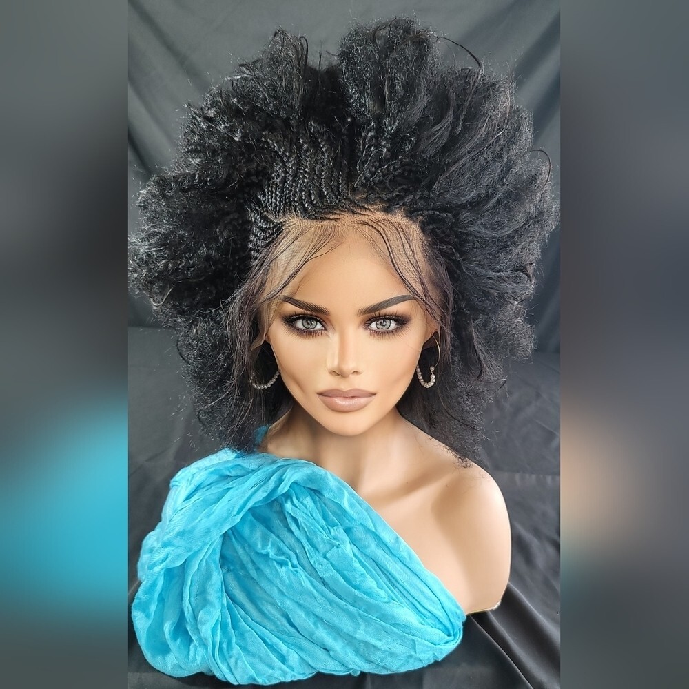 Braided Wig Short Afro Kinky Black Lace Front Glueless Baby Hair 4″ Handmade NWT