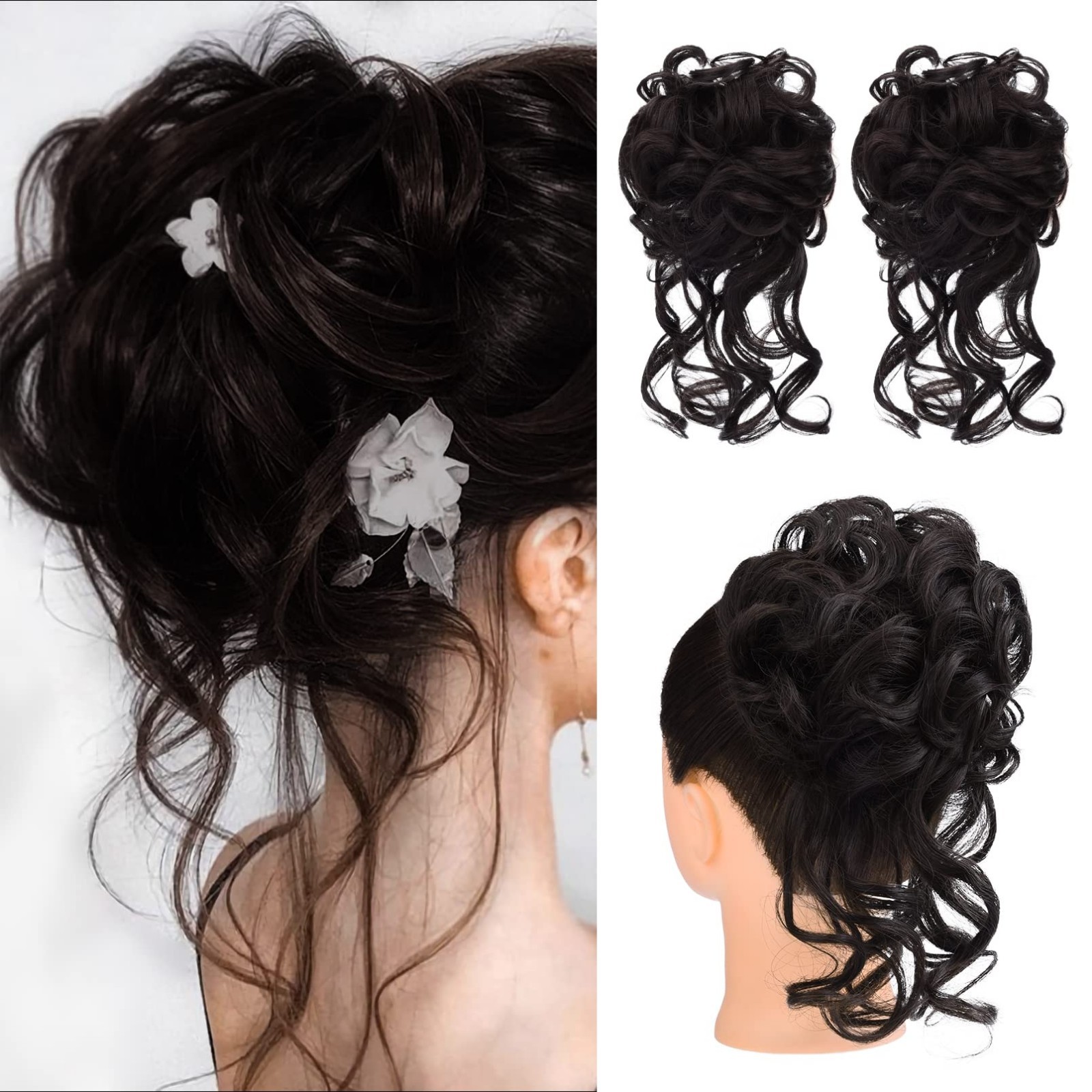 2PCS Messy Bun Hair Piece – Wavy Curly Updo Extensions with Tendrils for Women