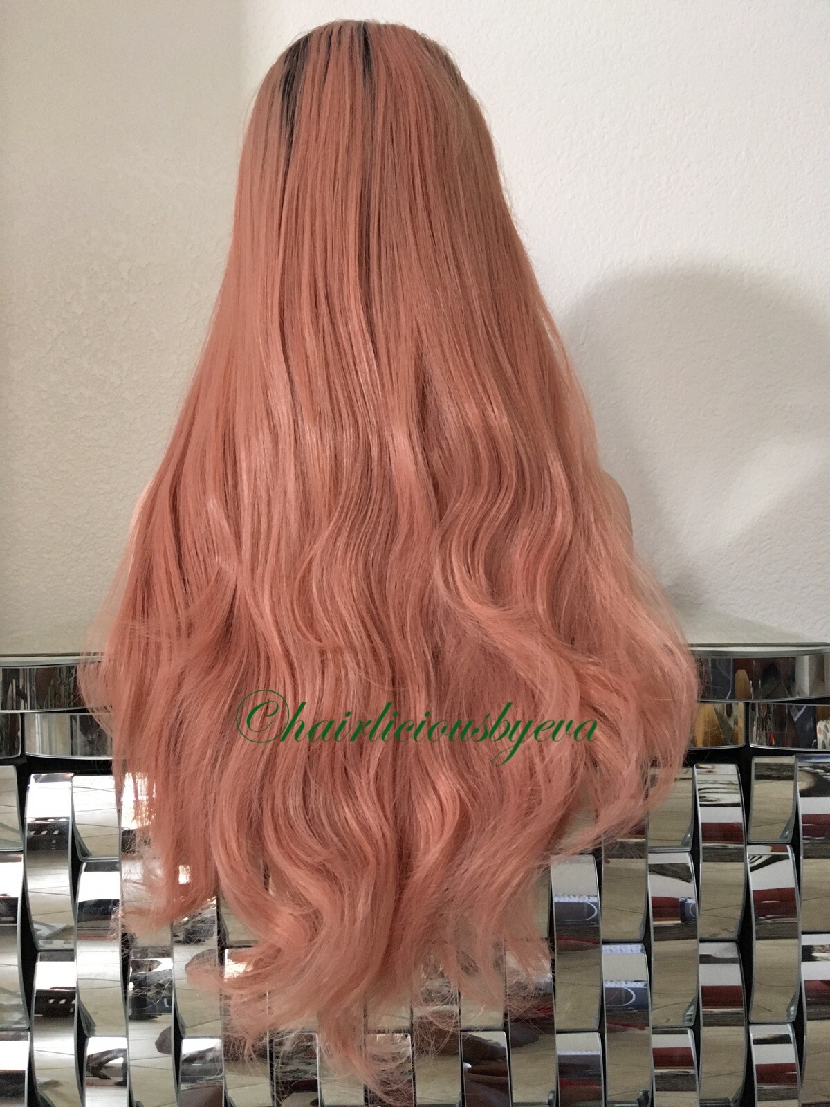 Pink rose gold Black Ombre lace front wig Wavy Layered Heat Ok 26 Inch Long