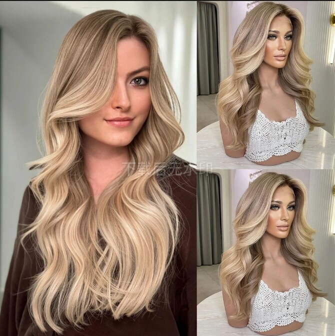 Caramel Blonde Ombre Hightlight Human Hair Wigs Balayage Wave Lace Front Wig