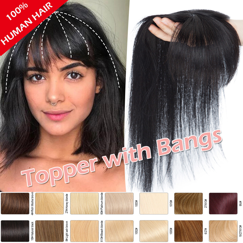 US 100% Real Human Hair Topper Toupee Clip Hairpiece Bangs Bob Top Wiglets Women