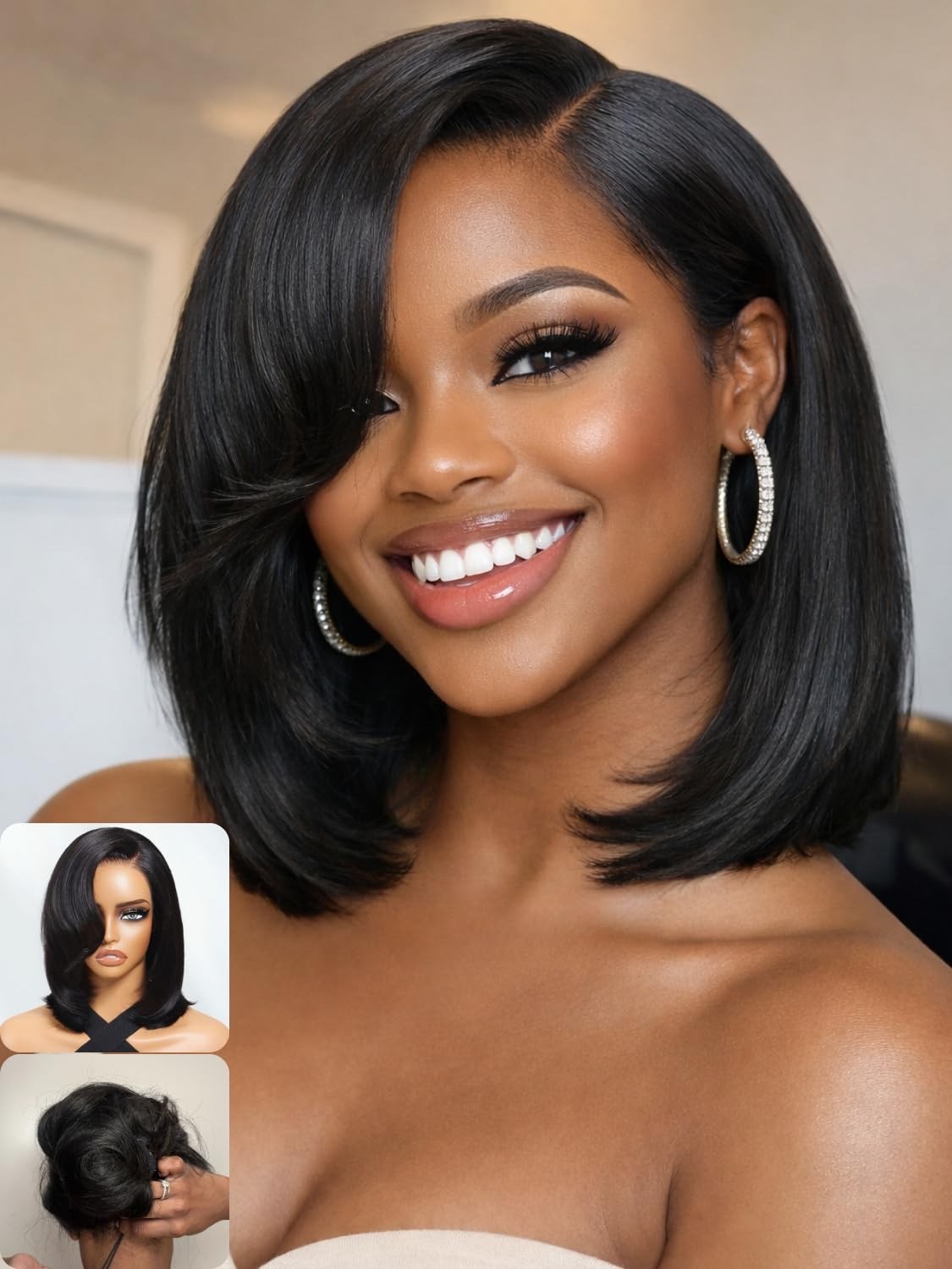 Glueless Short Layered Bob Drawstring 12″ Wig Human Hair Side Swept Bangs, 7×5