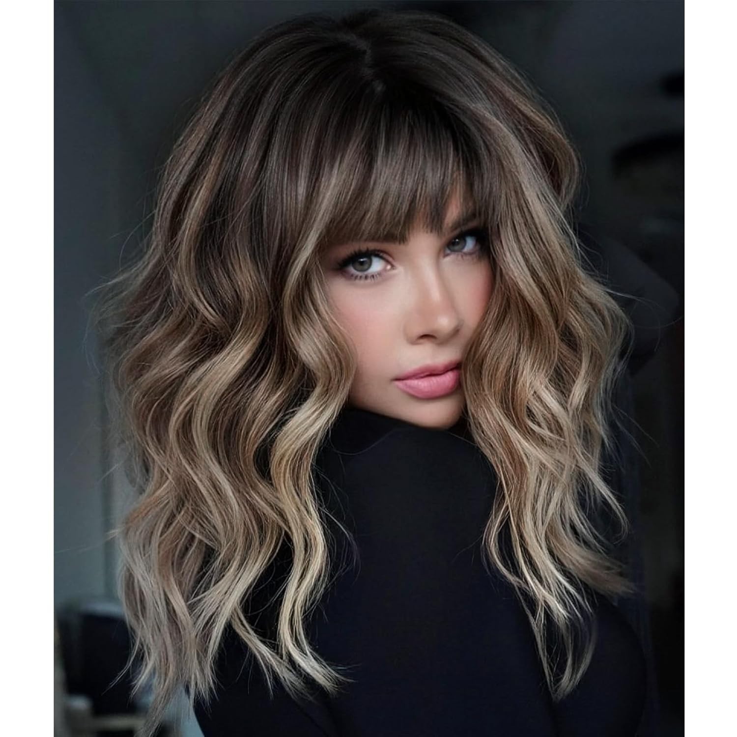 Modern Brown Shoulder-Length Curly Wig with Bangs – Versatile & All-Day Comfort