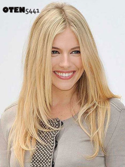 Long Straight Lace Front Human Hair Blend Heat Ok Wigs Gold Blonde Wigs Natural