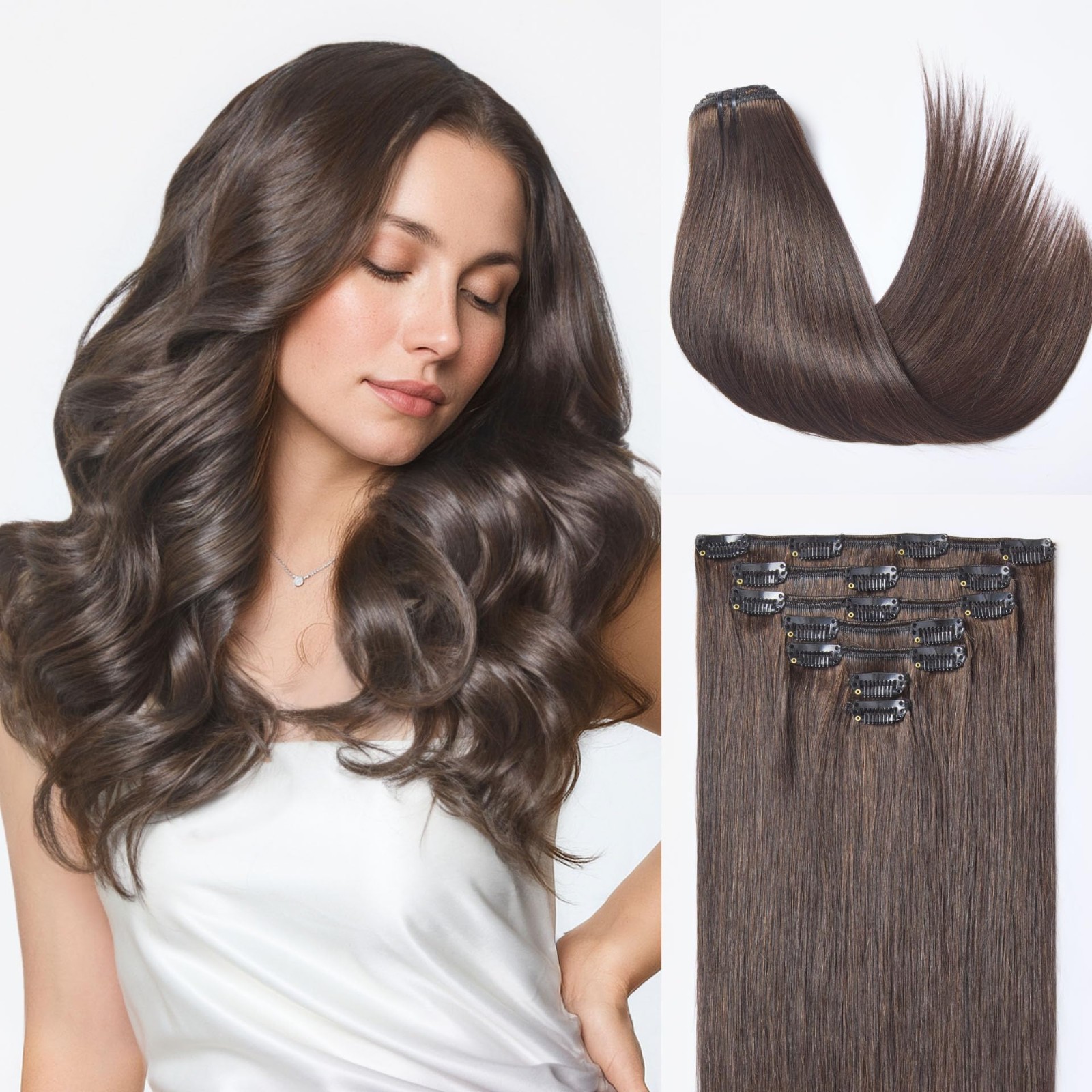 Handmade Clip-In Hair Extensions 18″ 120g 7pcs Rich Mocha Brown Straight Double