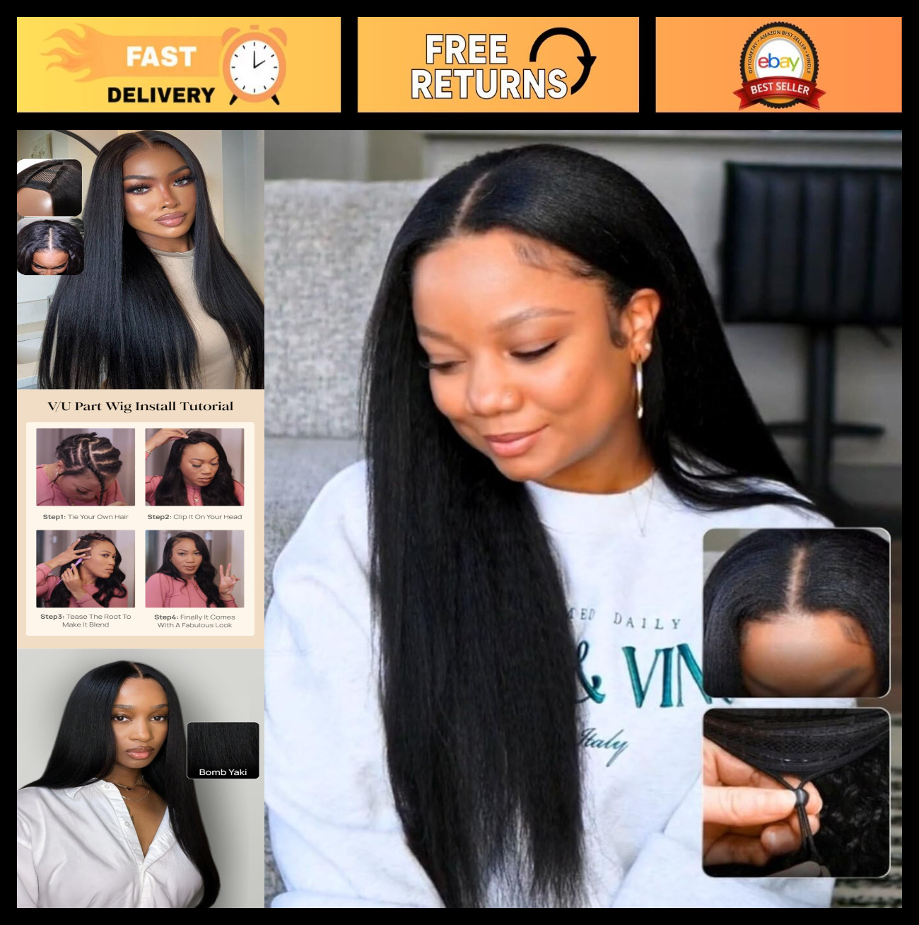 Yaki Straight V Part Wig – Human Hair, Glueless Clip-In, 150% Density, 18″ Ready