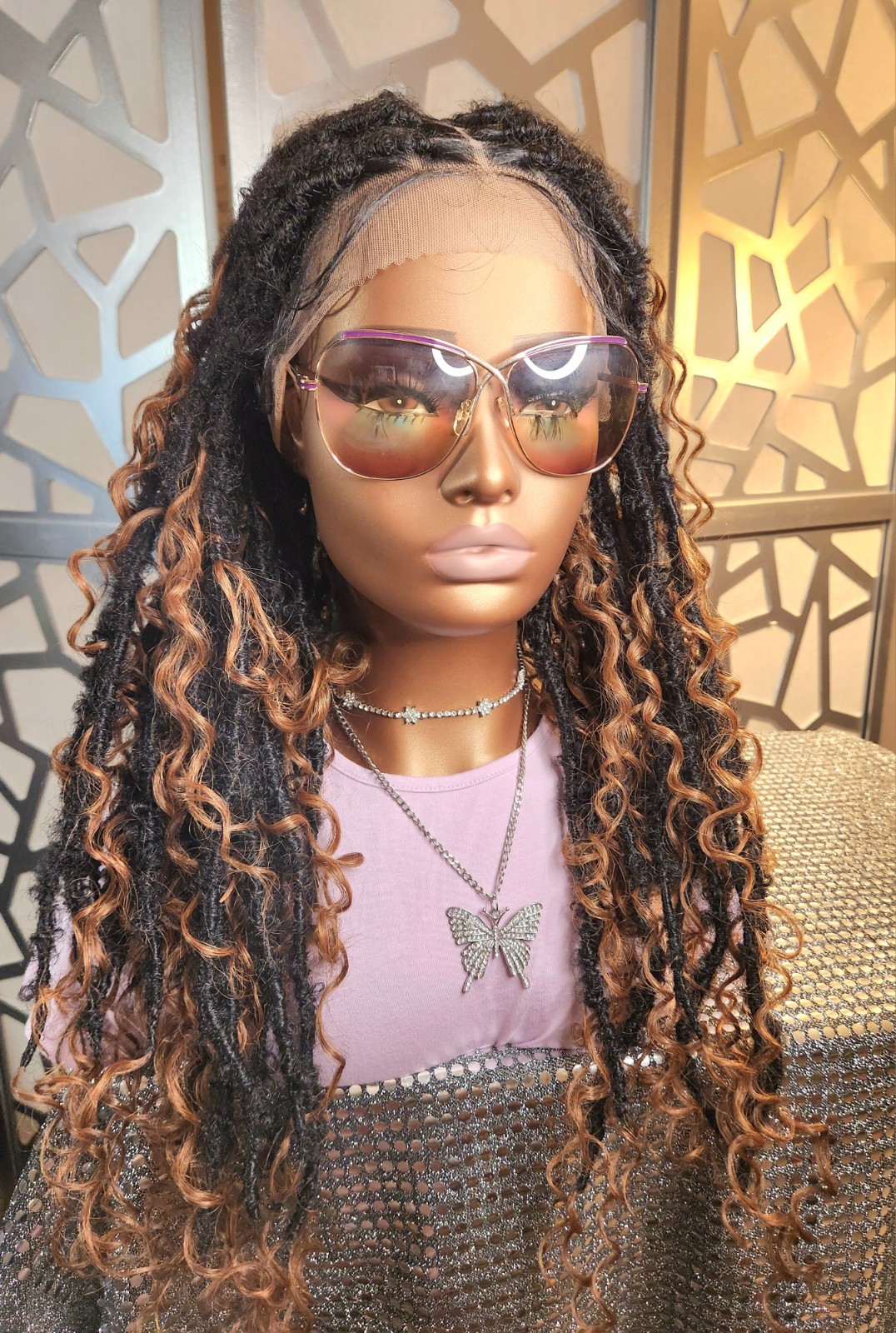 Boho Knotless Dreadlocks Wig 13×6 Lace Front Ombre Black Auburn Curly Ends