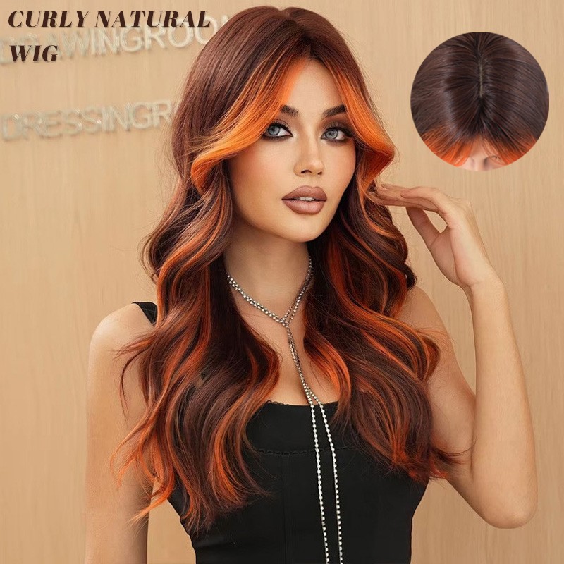 Womens Black Brown with Orange Highlights Synthetic Hair Soft Long Body Wavy Wig