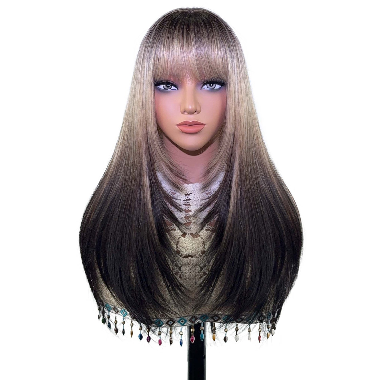 Long Straight Layered Wig With Bangs for Women Synthetic Heat Resistant Party Wi
