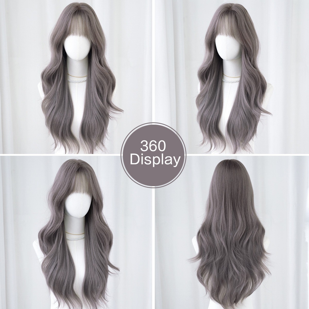 Grayish-purple long wavy hair with fringe-style bangs artificial hair natural
