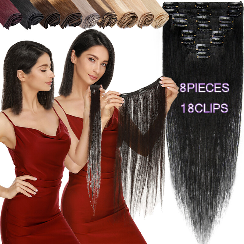 Real Remy Hair Clip In 100% Human Hair Extensions 8Pieces with 18Clips Full Head
