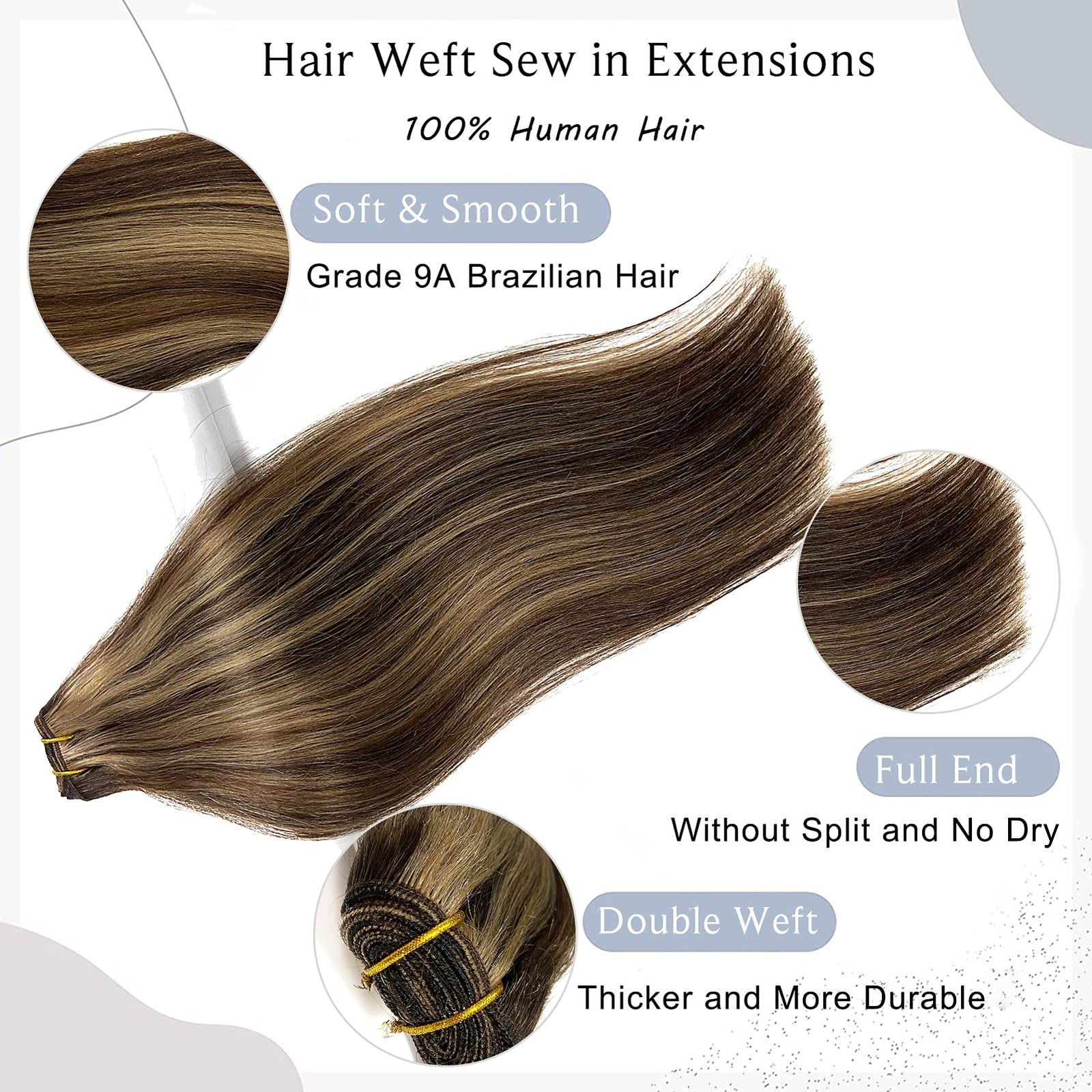 Sew in Hair Extensions Real Human Hair Wefts Dark Brown Balayage Ash Brown Highl