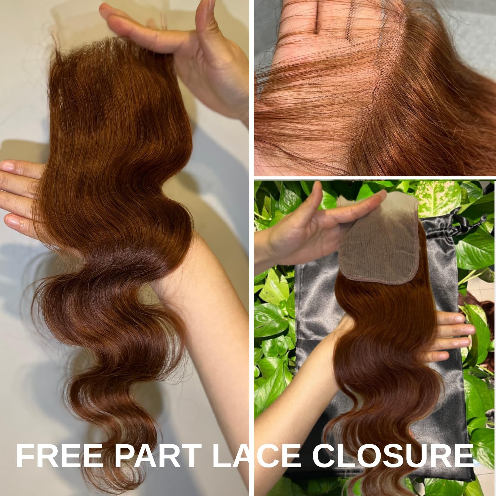 Alher 33 Reddish Brown Body Wave 4X4 Lace Closure 12A Copper Brown Colored 4X4