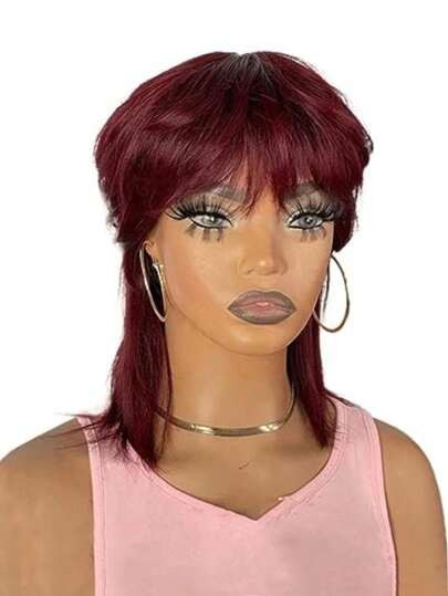 Short Burgundy Red Mullet Wigs with Bangs 100% Human Hair Wig None Lace