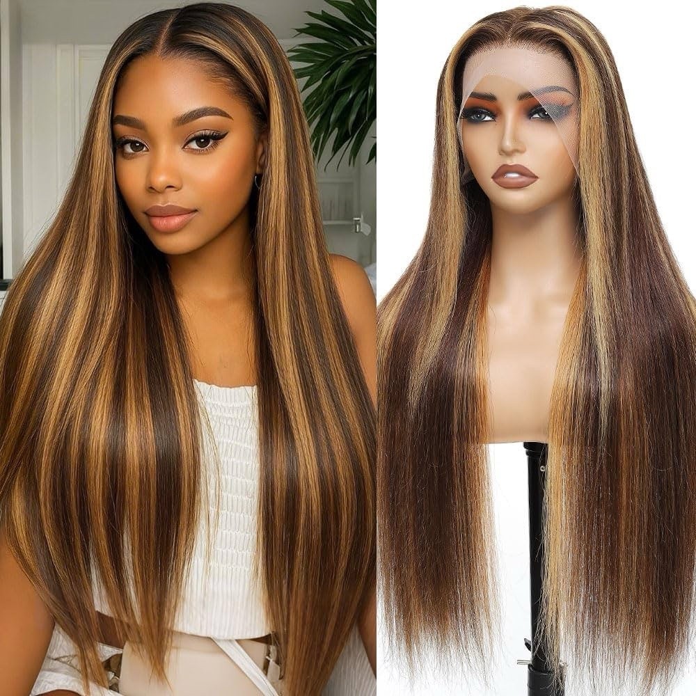 4/27 Ombre Lace Front Wig 200 Density 30” Virgin Hair Highlights Straight 13/6