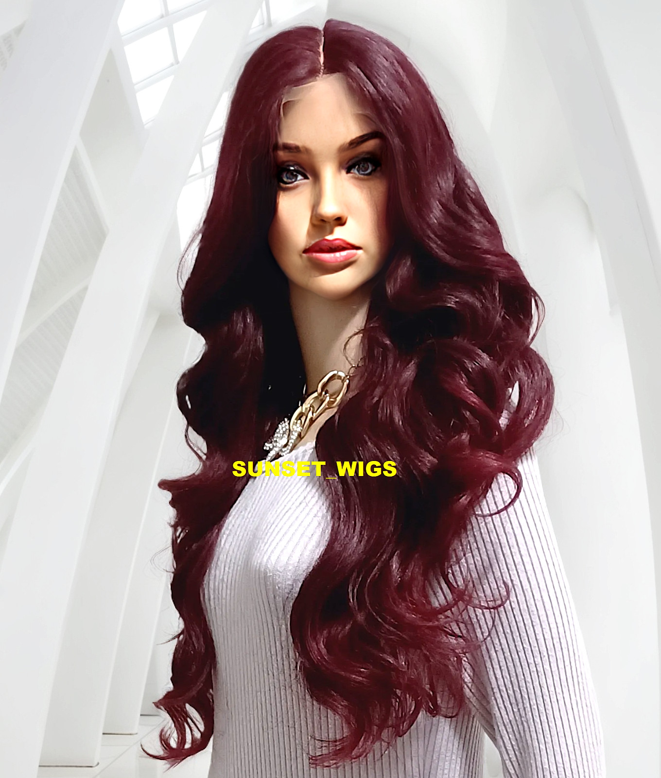 33″ LACE FRONT WIG LONG WAVY LAYERED BLACK BURGUNDY MIX #T1B.425 HEAT OK NWT