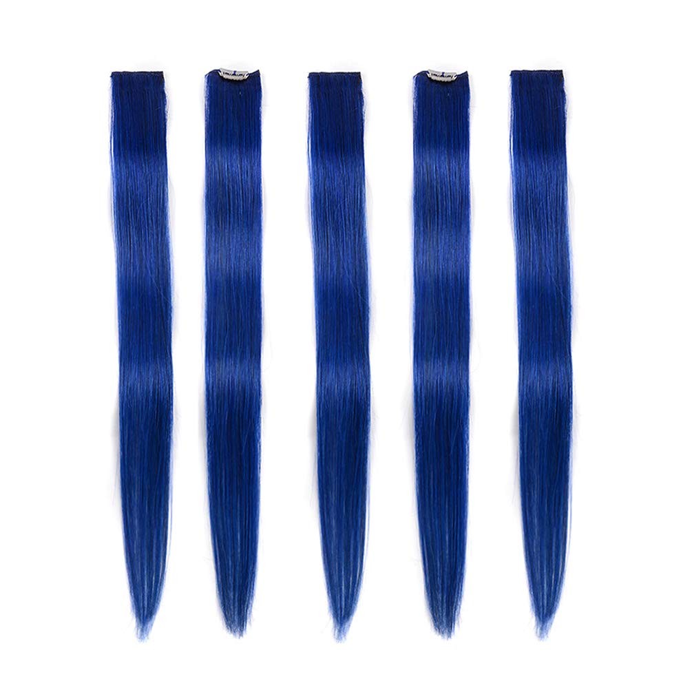 Blue Clip in Hair Extensions 100% Real Human Hair – Straight Highlights Color…