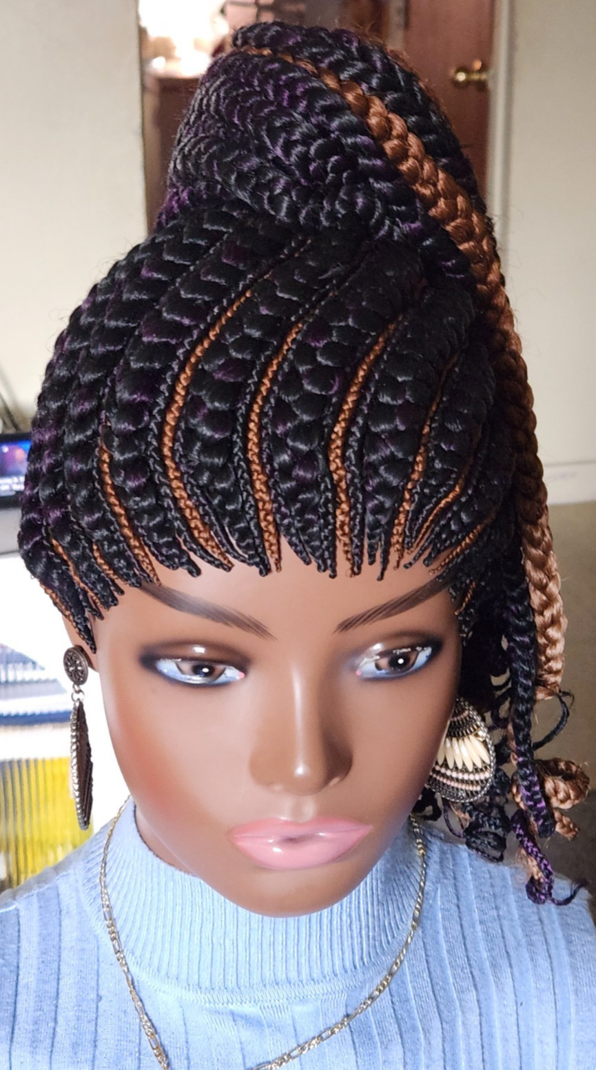 handmade braided Ghana banana cornrows wig poney tail 1B mix Dark purple/Dark br
