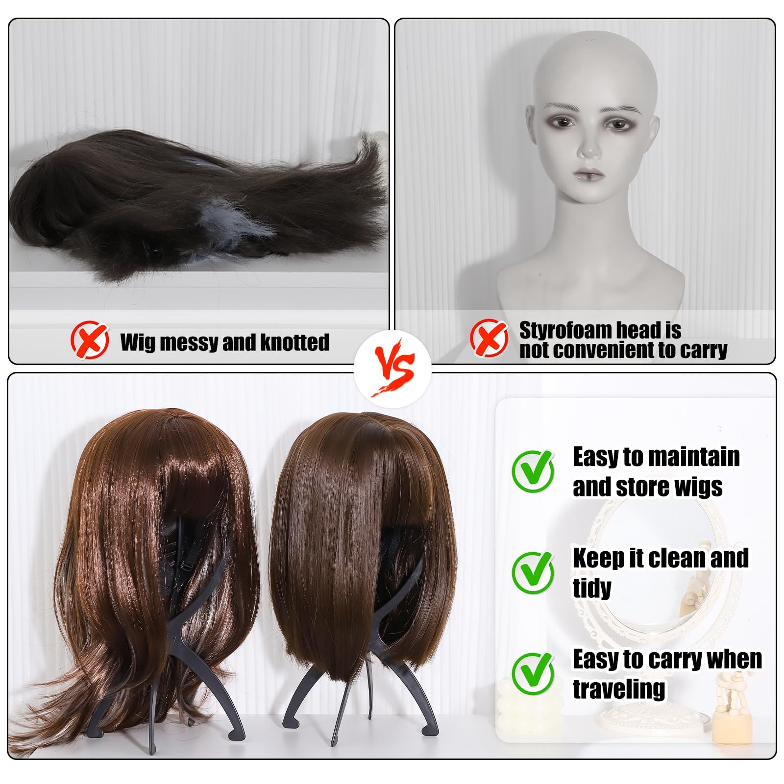 2 Pack Black Portable Wig Stand Holder Head Stand for Wigs