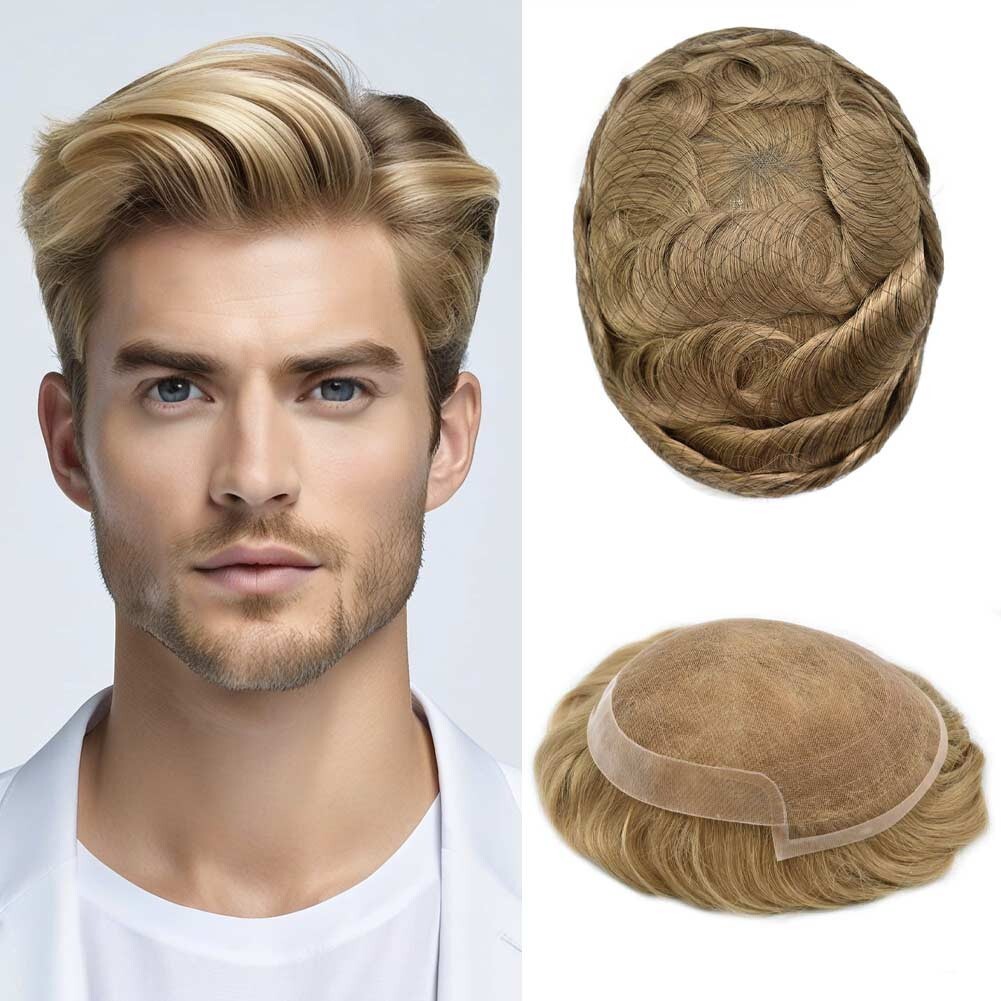 Mens Toupee Hairpiece French Lace Front Hair System Replacement Wig Unit for Men